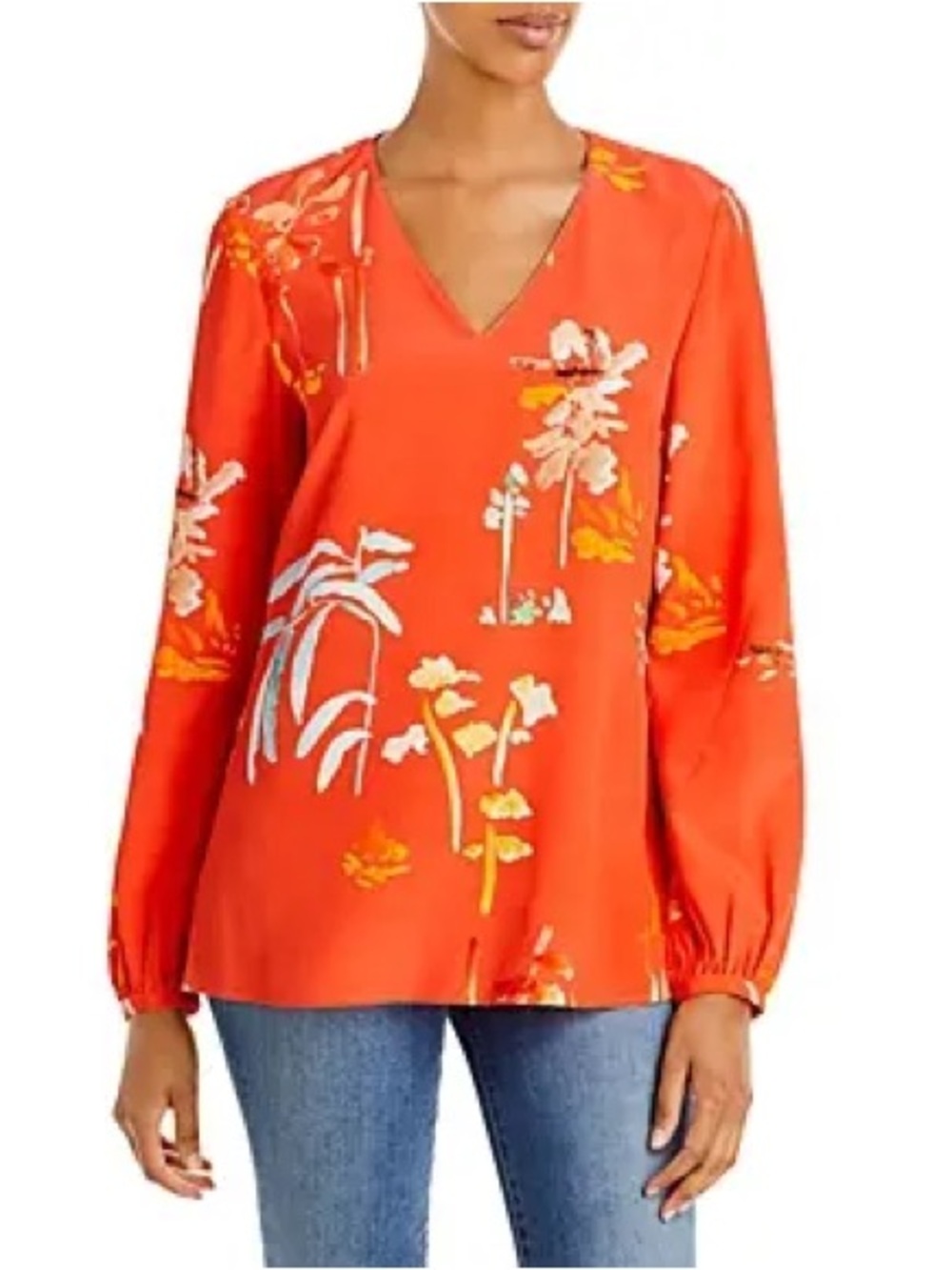 $598 MSRP Lafayette 148 Melba Floral Silk Blouse Sz XS Orange V-Neck Long Sleeve